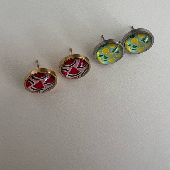 Classic Round  Fruit Stud Earring Set - Lemon and Watermelon Stud Earrings - Picture 4 of 14